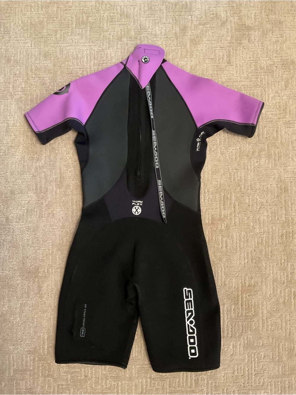 💜Sea‑Doo Shorty Wetsuit Women 11/12 4‑Way Flex Zip Pocket Purple Black Neoprene